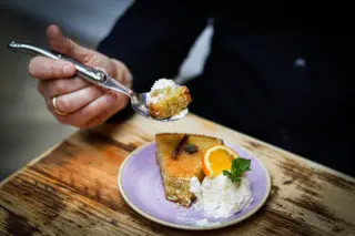 Annie's orange and lemon cake is gluten free. Made with almond flour and liberally doused in orange and lemon syrup steeped with star anise, cardamom and cinnamon, it's dense , decadent and utterly delicious.

#laferia #spanishtapas #harrogaterestaurants